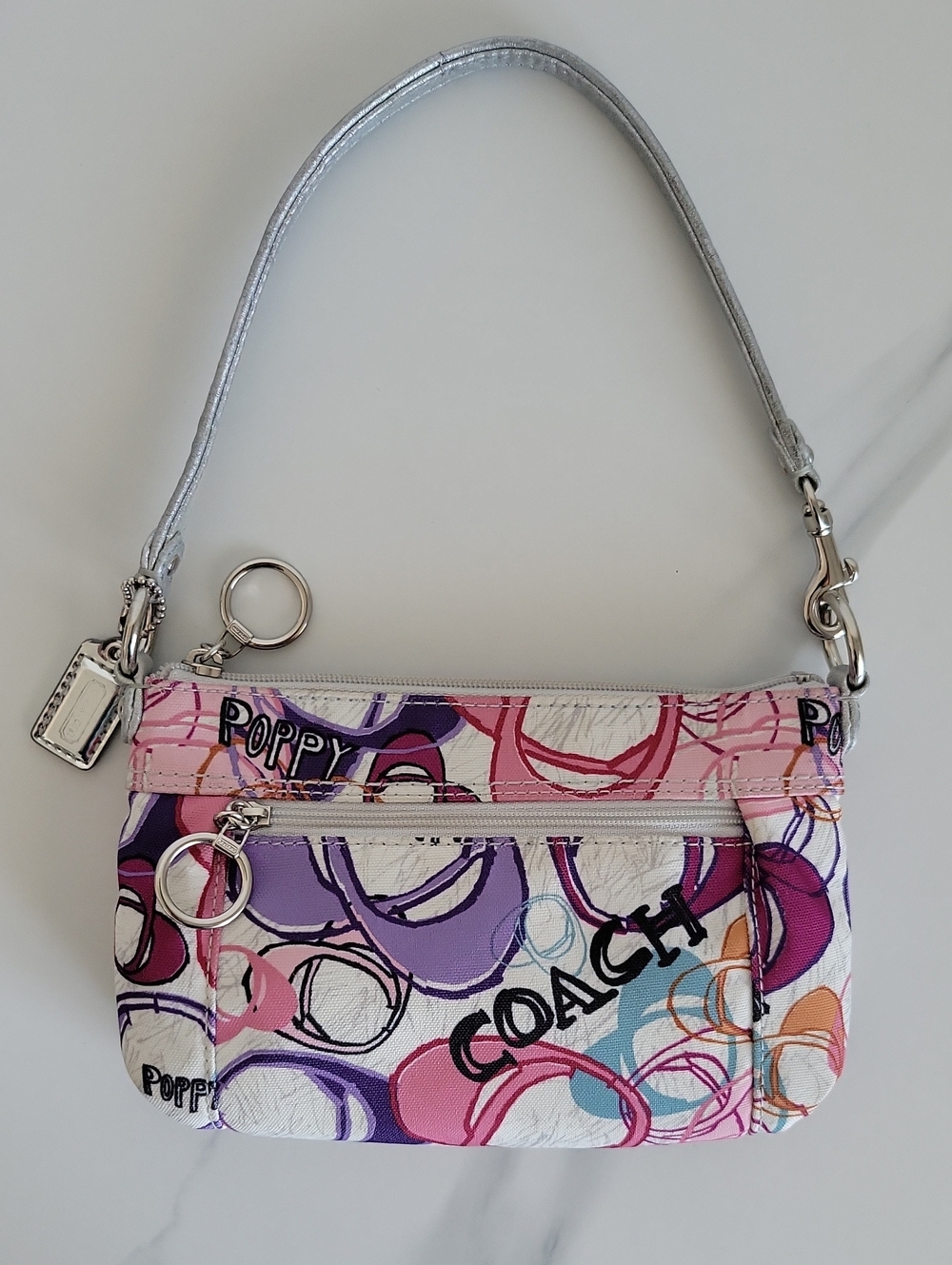 Vintage Coach Poppy Multicolor C Print Wristlet — Pink, Purple & Silver